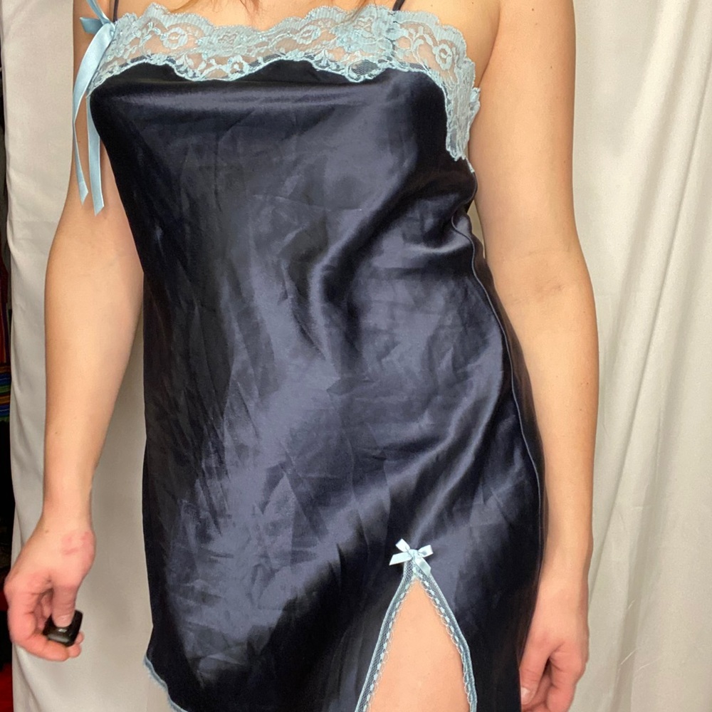 Silk slip lace lingerie dress blue